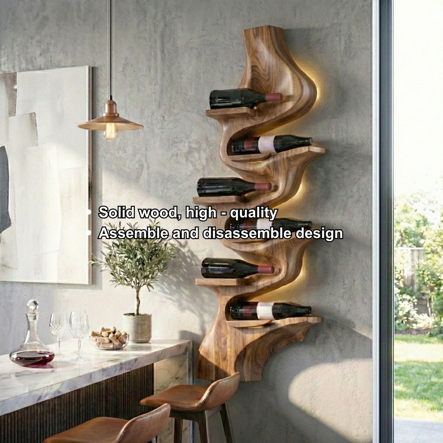 Handcrafted Solid Wood Vertical Wine Holder – Sculptural Wall Mounted Wine Rack