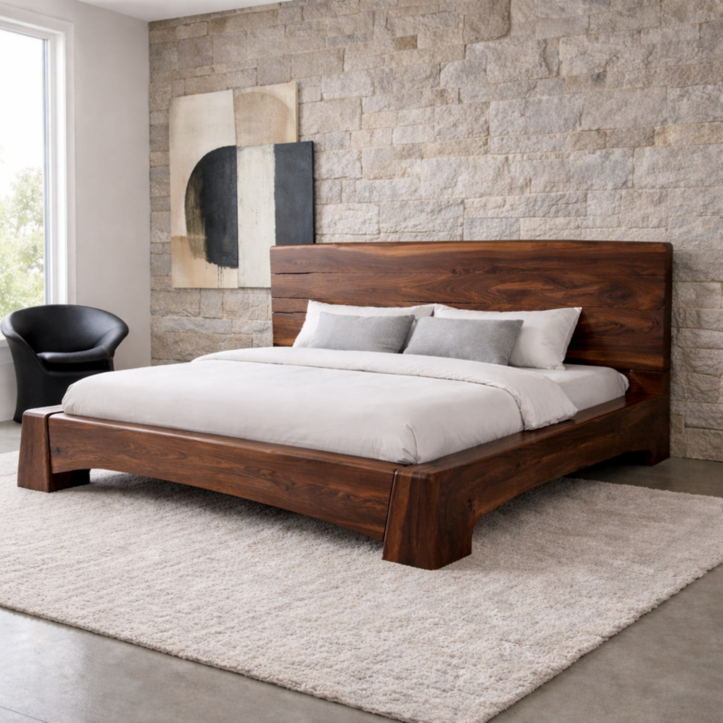 Solid Wood Platform Bed Frame with Wide Panel Headboard and Sculpted Base