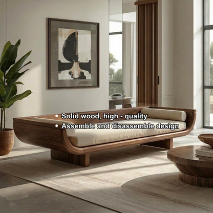 Contemporary Solid Wood Daybed with Curved Backrest and Cushioned Seat