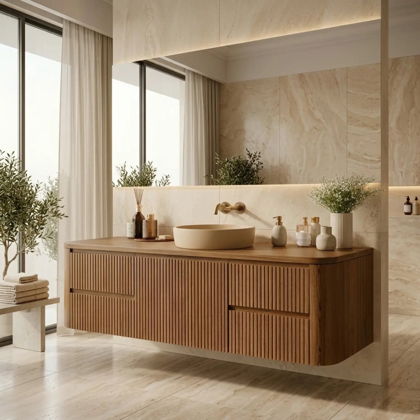 Floating Bathroom Vanity with Ribbed Design and Spacious Drawers – Handcrafted Solid Wood Kitchnce