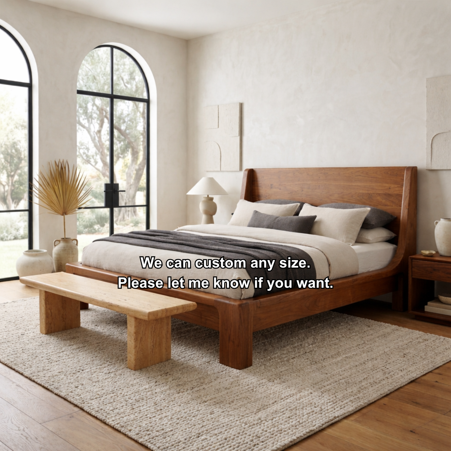 Solid Wood Platform Bed Frame with Curved Wingback Headboard