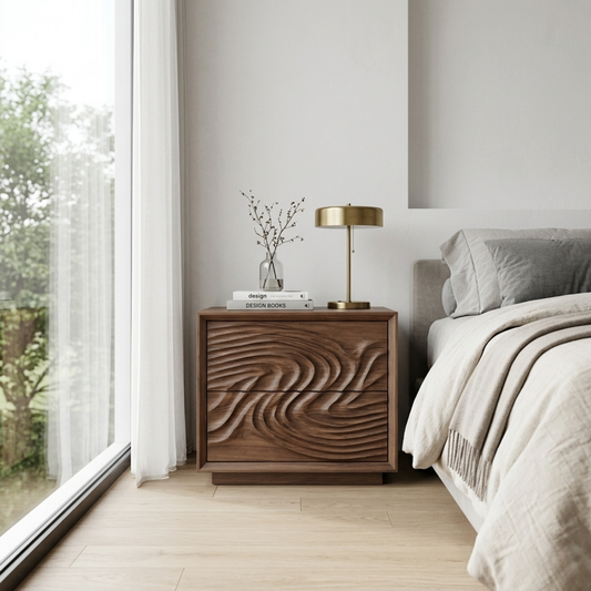 Solid Wood Nightstand with Sculpted Wave Drawers – Modern Carved Bedside Table Kitchnce