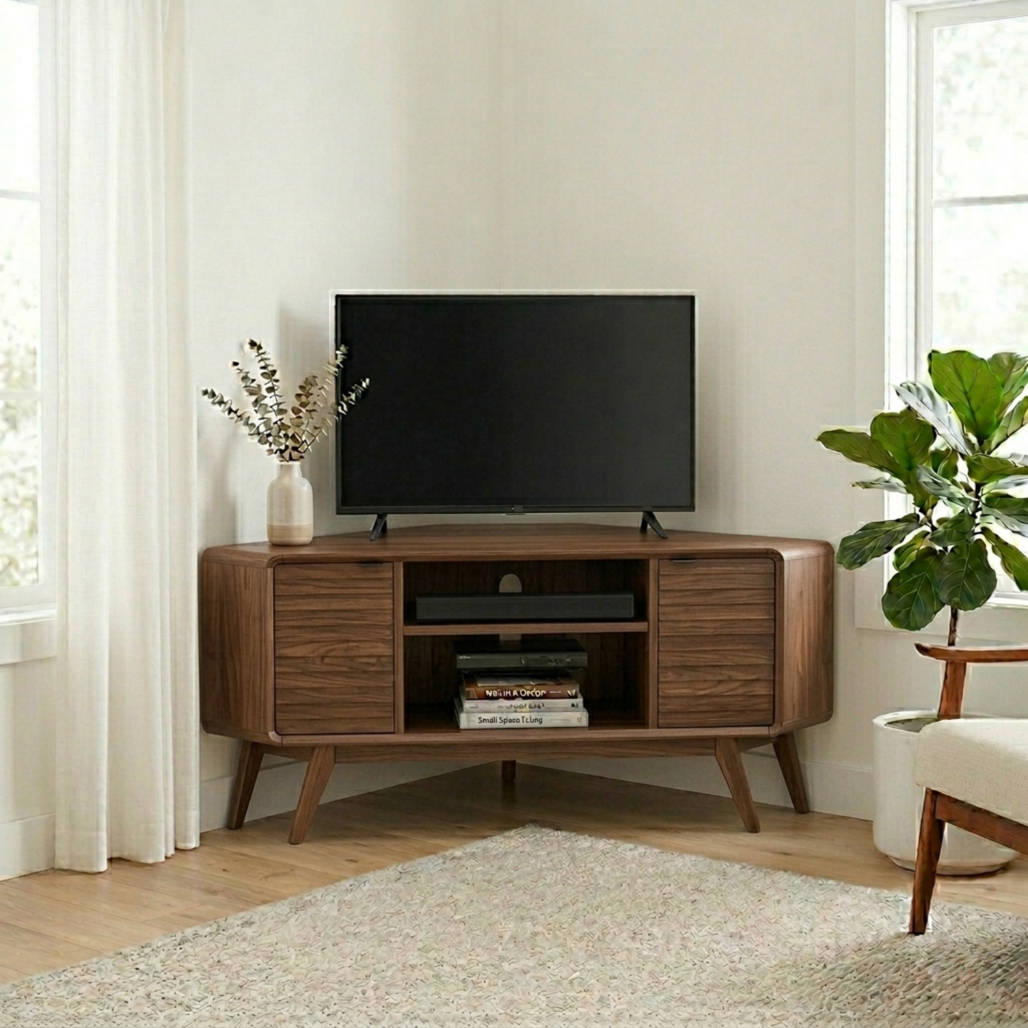Solid Wood Corner TV Stand with Mid-Century Legs and Cabinet Storage