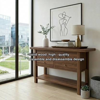 Solid Wood Console Table with 4 Drawers and Shelf – Rustic Entryway Storage Table
