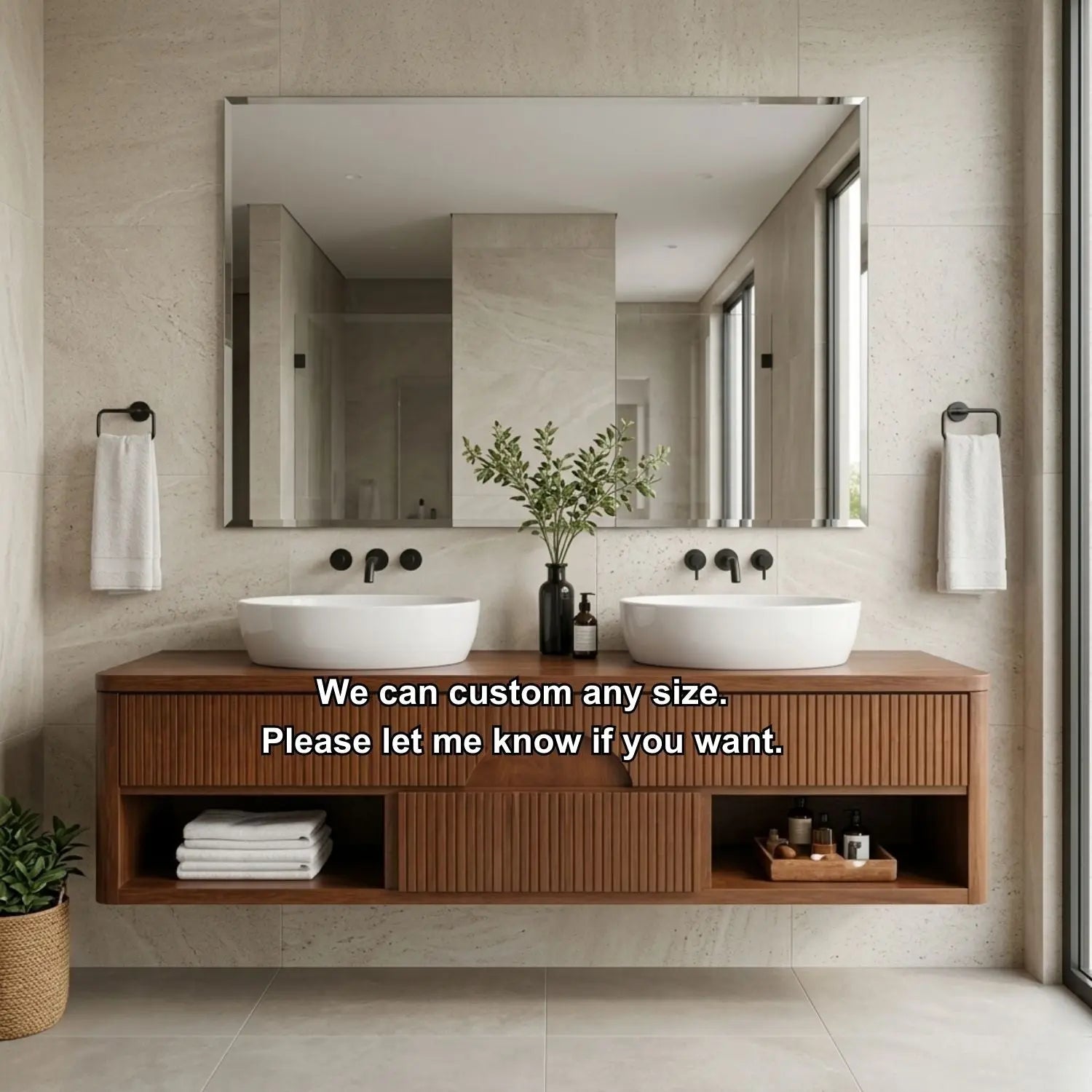 Floating Bathroom Vanity with Fluted Wood Front and Center Arch Drawer Design Kitchnce