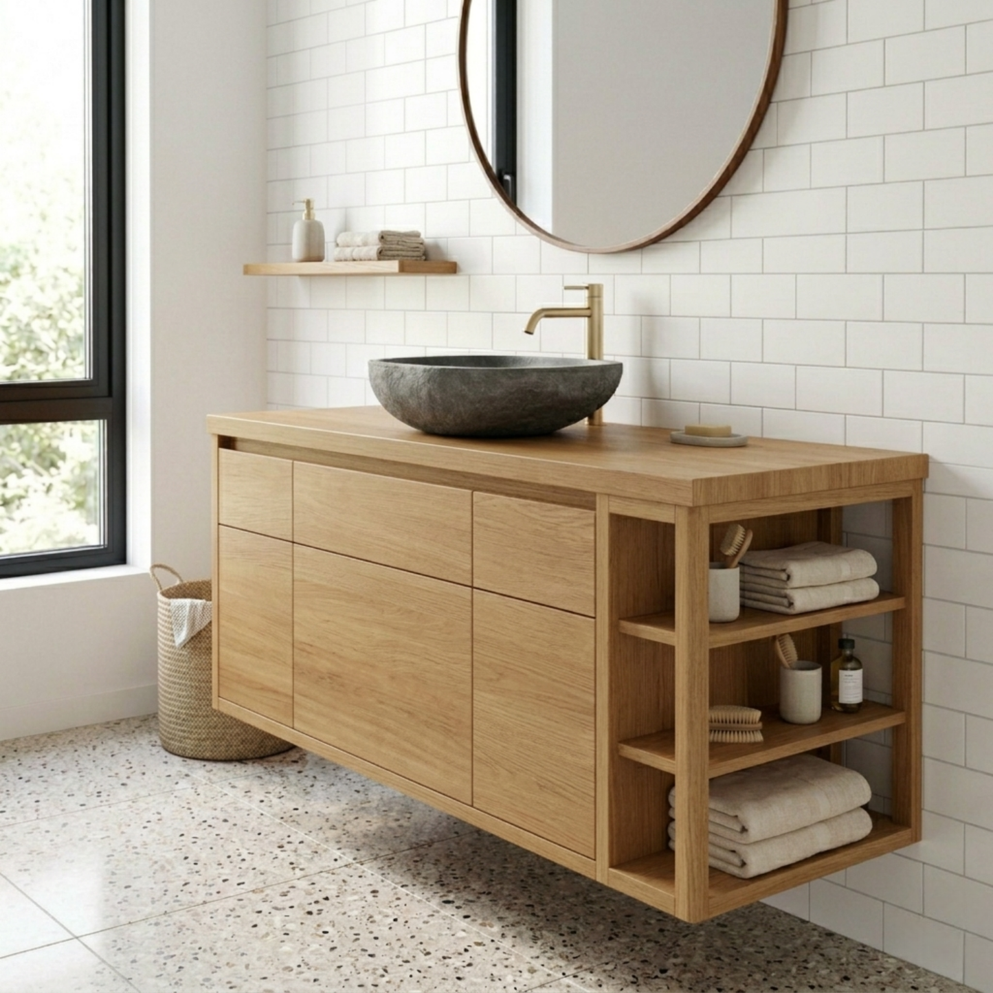 Floating Solid Wood Bathroom Vanity with Cabinet Doors and Side Open Shelving