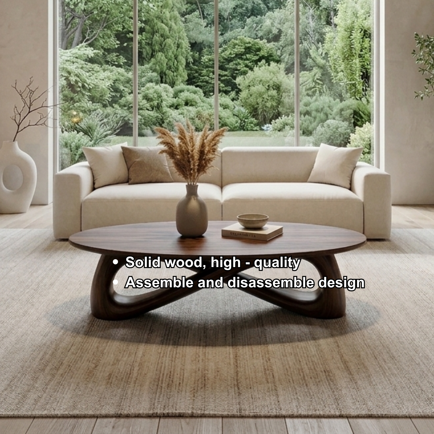 Solid Wood Round Coffee Table with Sculptural Base – Modern Living Room Table Kitchnce