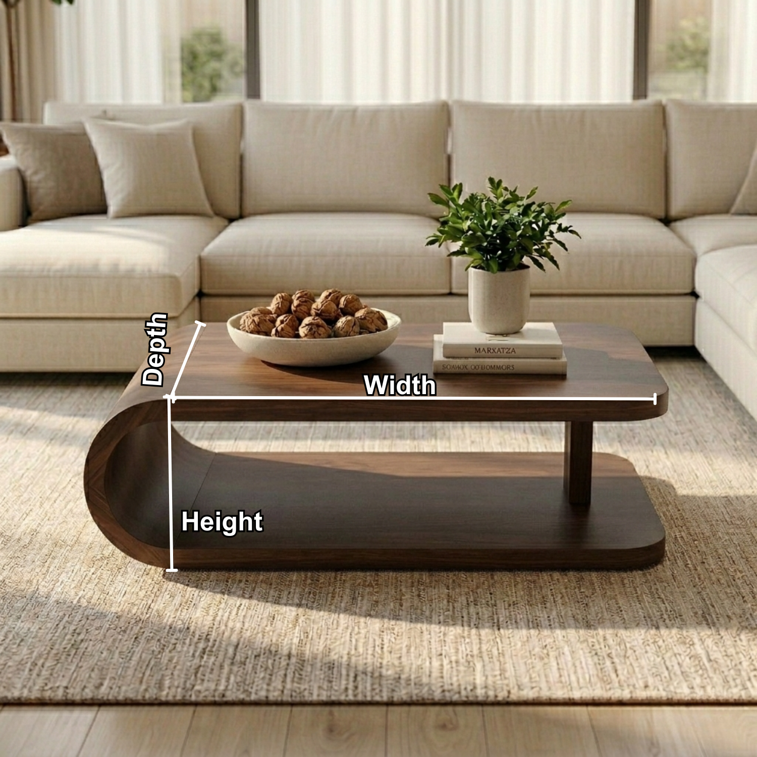 Modern Solid Wood Coffee Table with Curved Base and Storage Shelf for Living Room