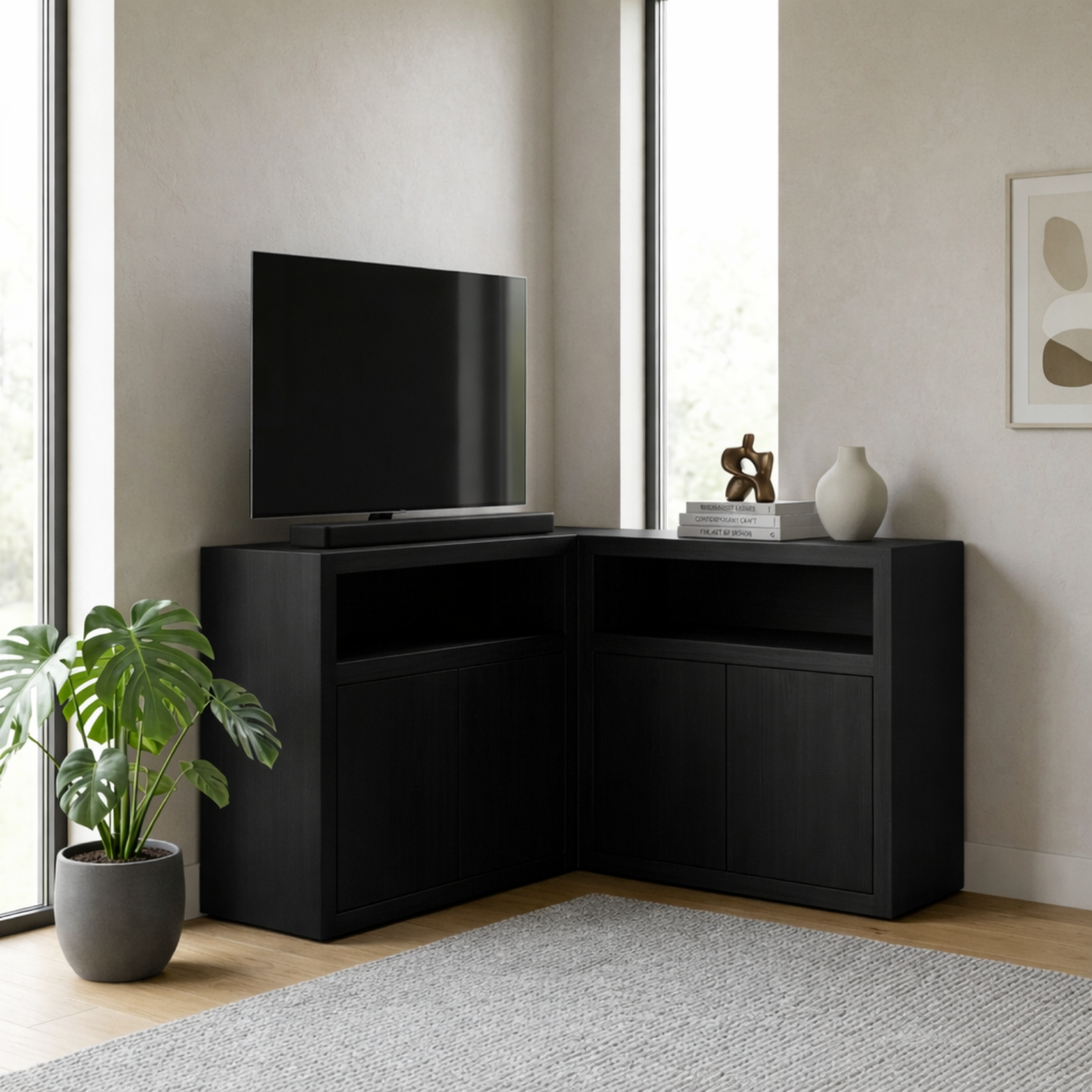 Solid Wood Corner TV Stand with Cabinet Storage and Open Media Shelf