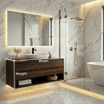 Floating Solid Wood Bathroom Vanity with Drawers and Open Shelf – Wall Mounted