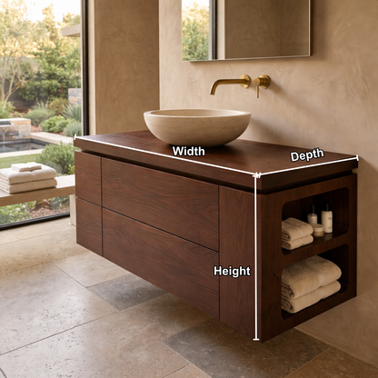 Floating Solid Wood Bathroom Vanity with Double Drawers and Integrated Side Open Shelves