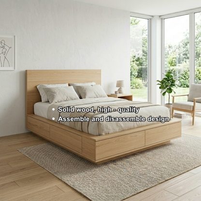 Solid Wood Platform Bed Frame with Integrated Storage Drawers