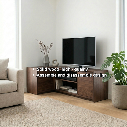Solid Wood Corner TV Stand with Cabinet Storage and Open Media Shelves
