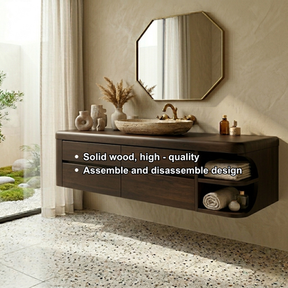 Floating Solid Wood Bathroom Vanity with Four Drawers and Rounded Side Open Shelf