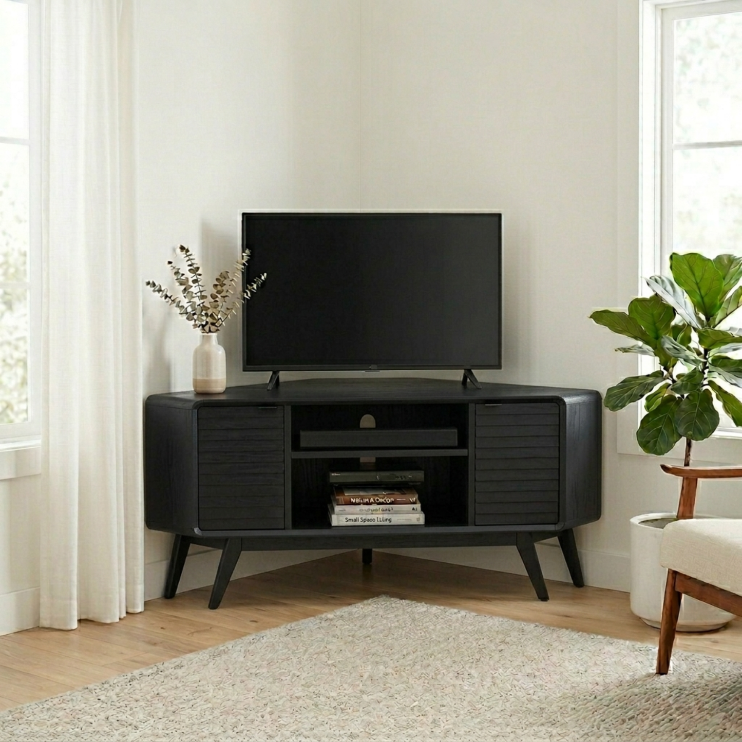 Solid Wood Corner TV Stand with Mid-Century Legs and Cabinet Storage