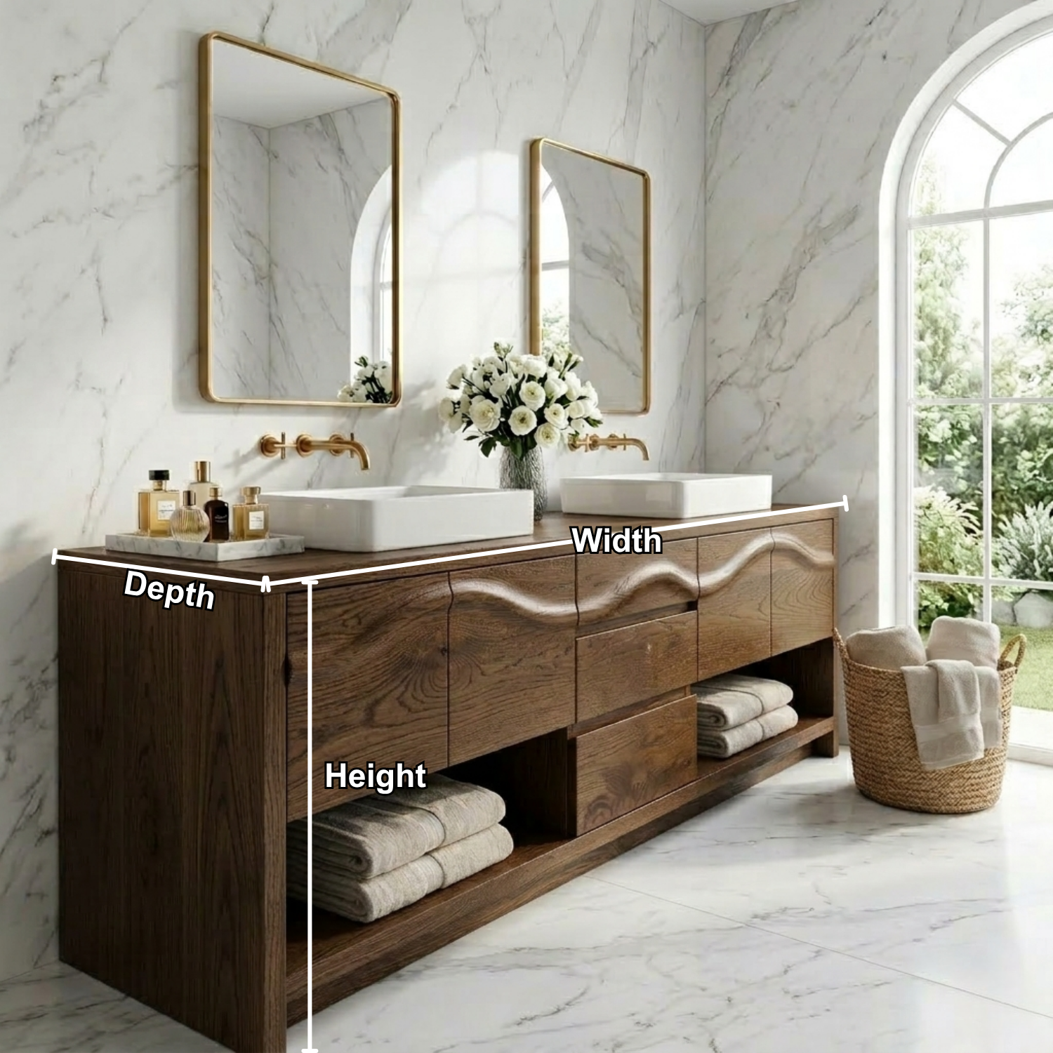 Solid Wood Bathroom Vanity for Double Sink Sculpted Front Modern Open Shelf Cabinet