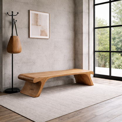 Solid Wood Entryway Bench Low Profile Sculptural Design Modern Minimalist Seating