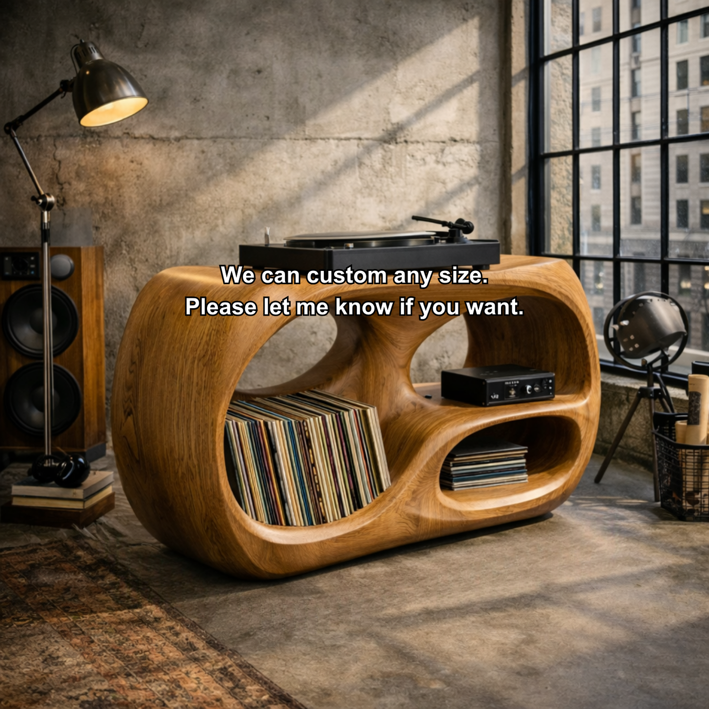 Organic Curve Solid Wood Record Player Stand with Built-In Vinyl Storage Kitchnce