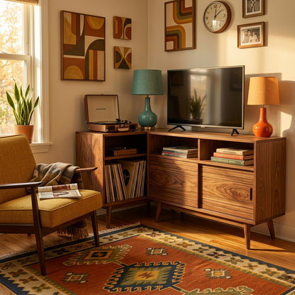 Solid Wood Corner TV Stand with Record Storage, Sliding Door Cabinet and Open Shelves