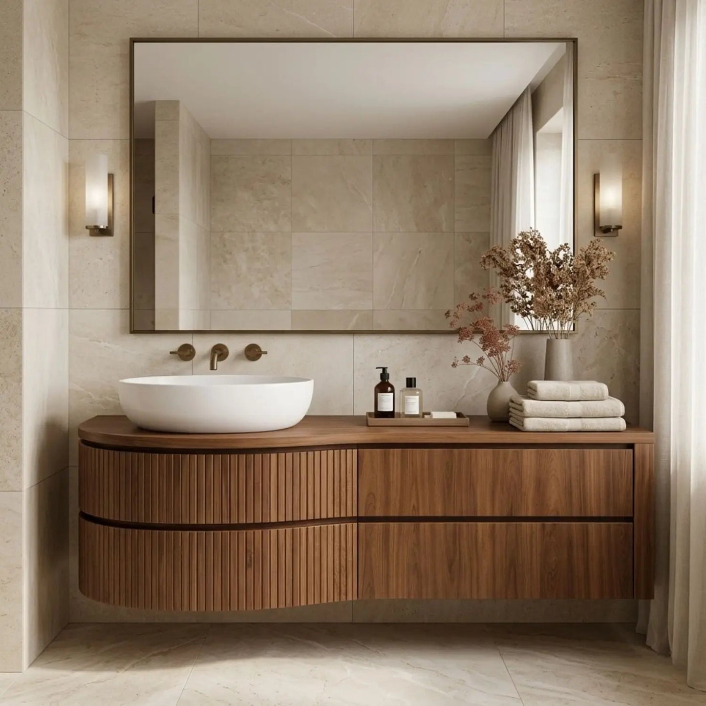 Curved Floating Bathroom Vanity with Fluted Wood Panels and Drawer Storage Kitchnce