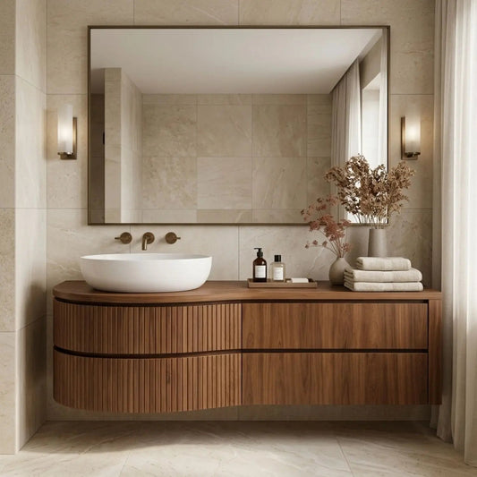 Curved Floating Bathroom Vanity with Fluted Wood Panels and Drawer Storage Kitchnce