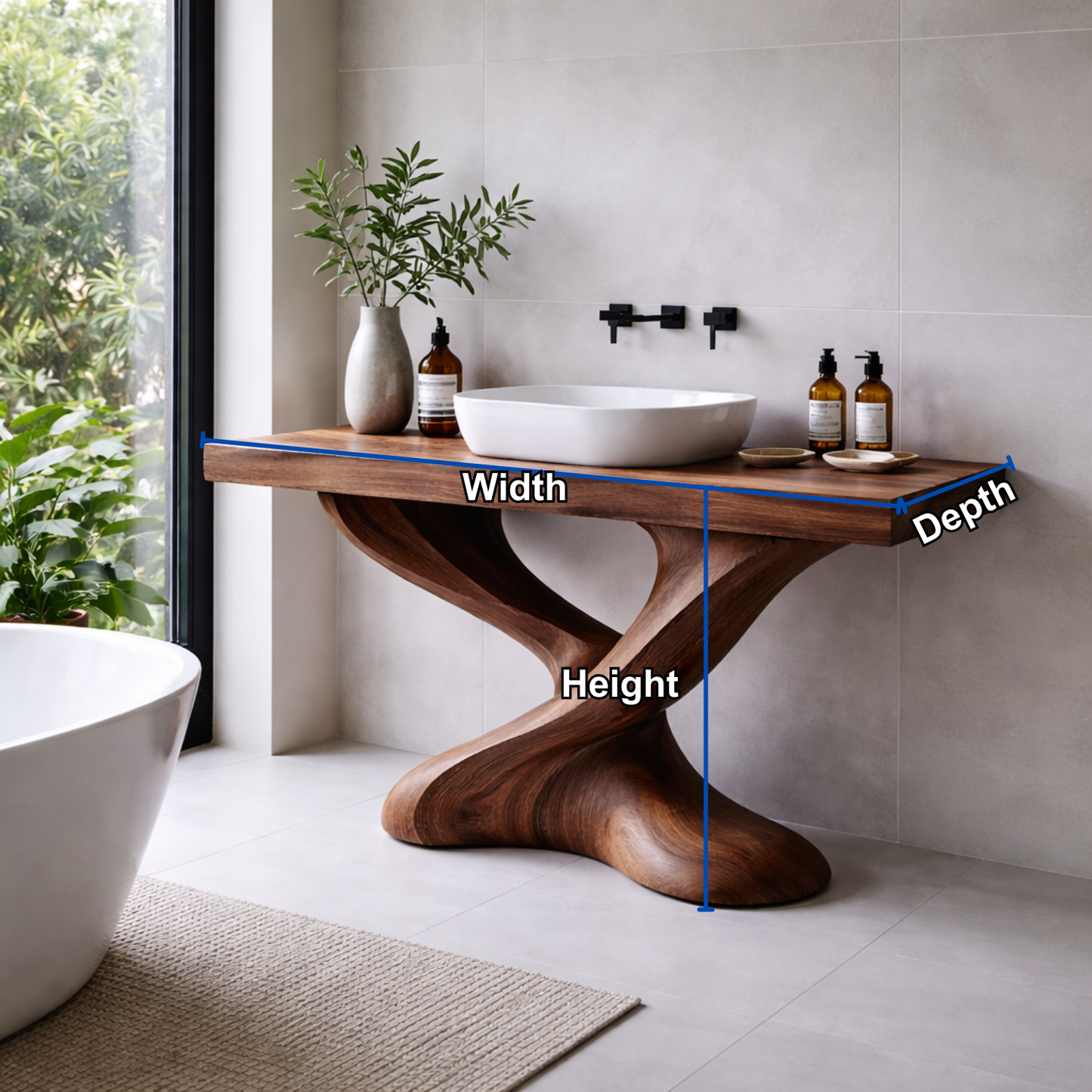 Solid Wood Bathroom Vanity with Sculptural Base – Modern Organic Wood Sink Vanity