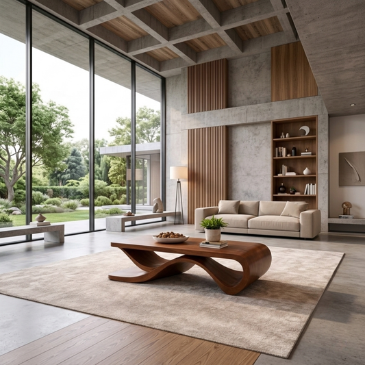 Solid Wood Coffee Table with Wave Sculptural Base – Modern Designer Living Room Table Kitchnce
