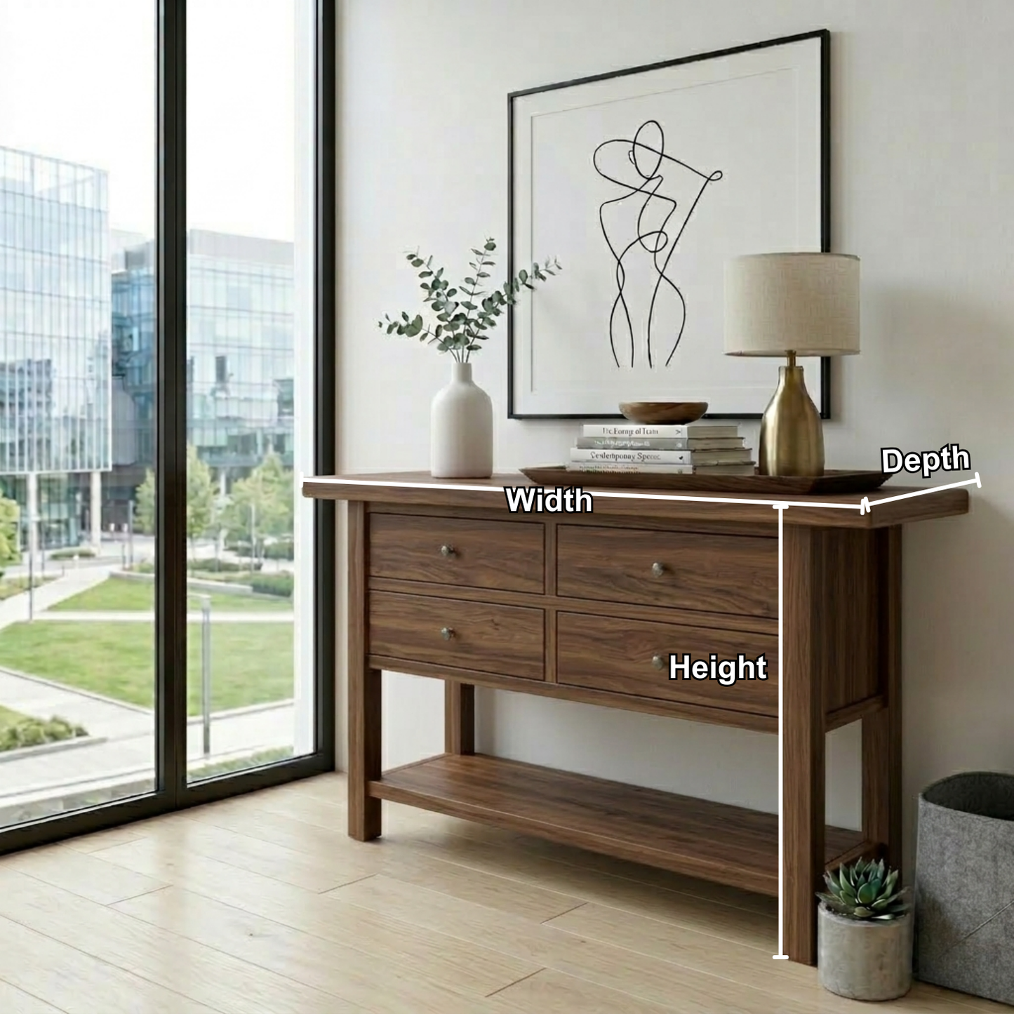 Solid Wood Console Table with 4 Drawers and Shelf – Rustic Entryway Storage Table