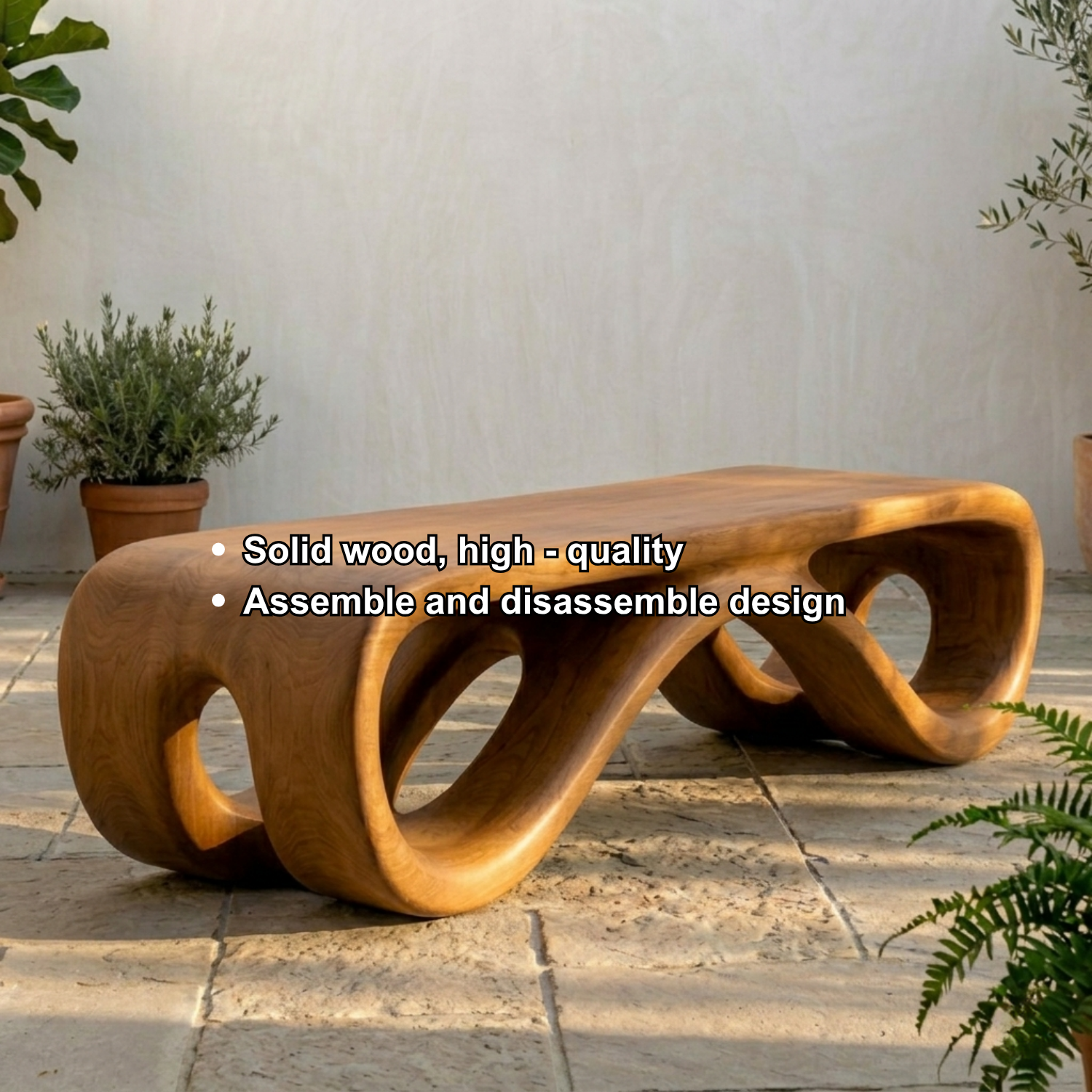 Handcrafted Solid Wood Outdoor Bench Sculptural Curved Base Organic Modern Minimal Design