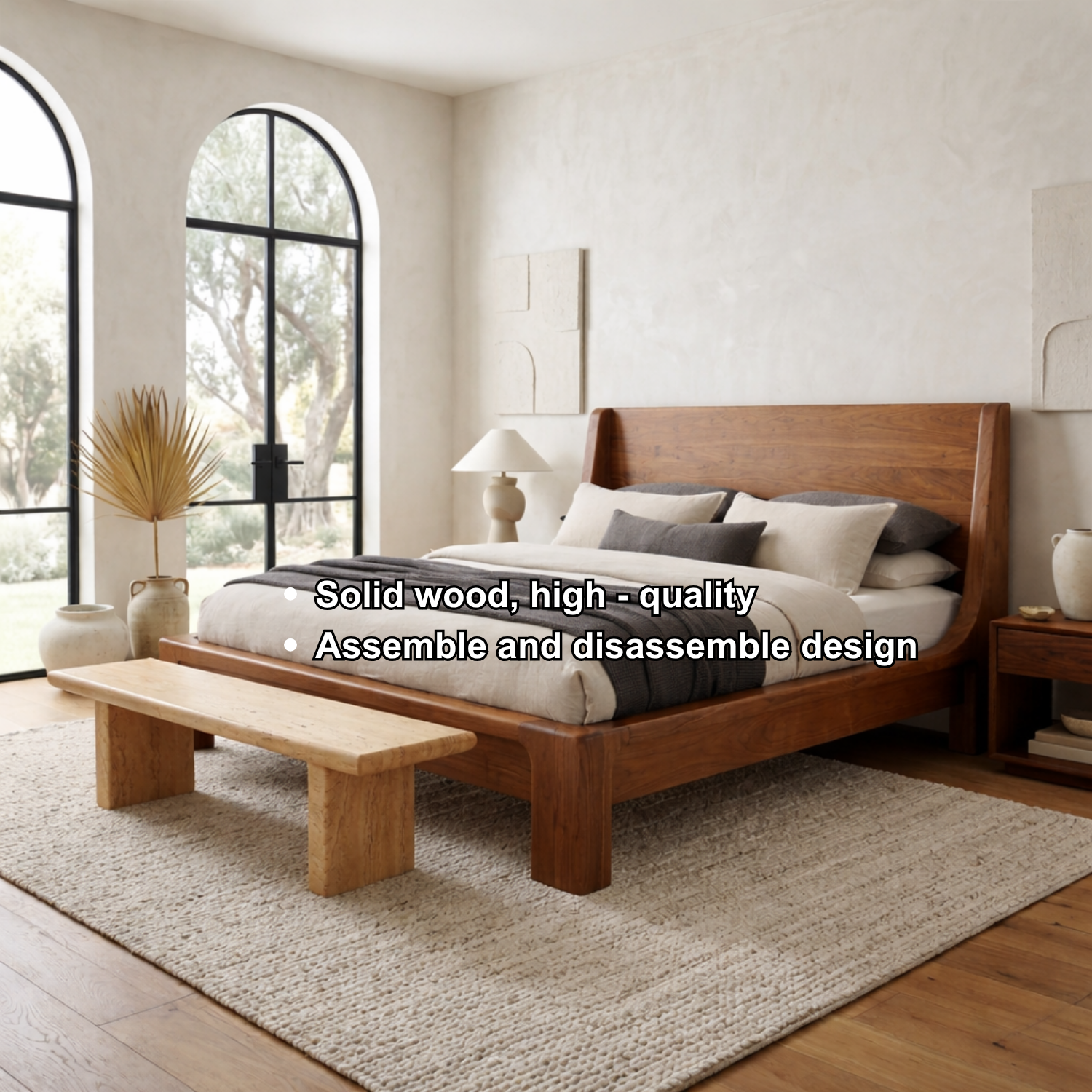 Solid Wood Platform Bed Frame with Curved Wingback Headboard