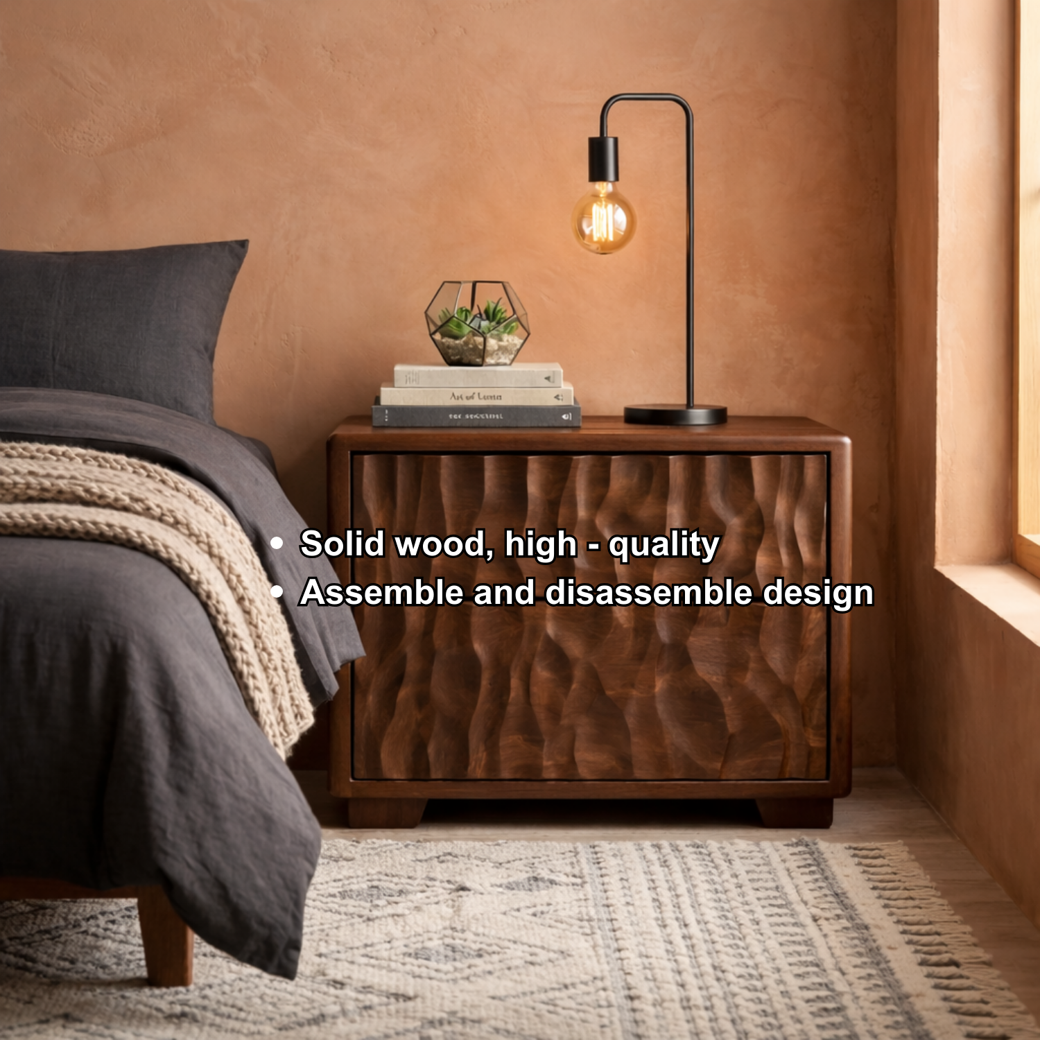 Solid Wood Nightstand with Textured Carved Drawers – Modern Rustic Bedside Table Kitchnce