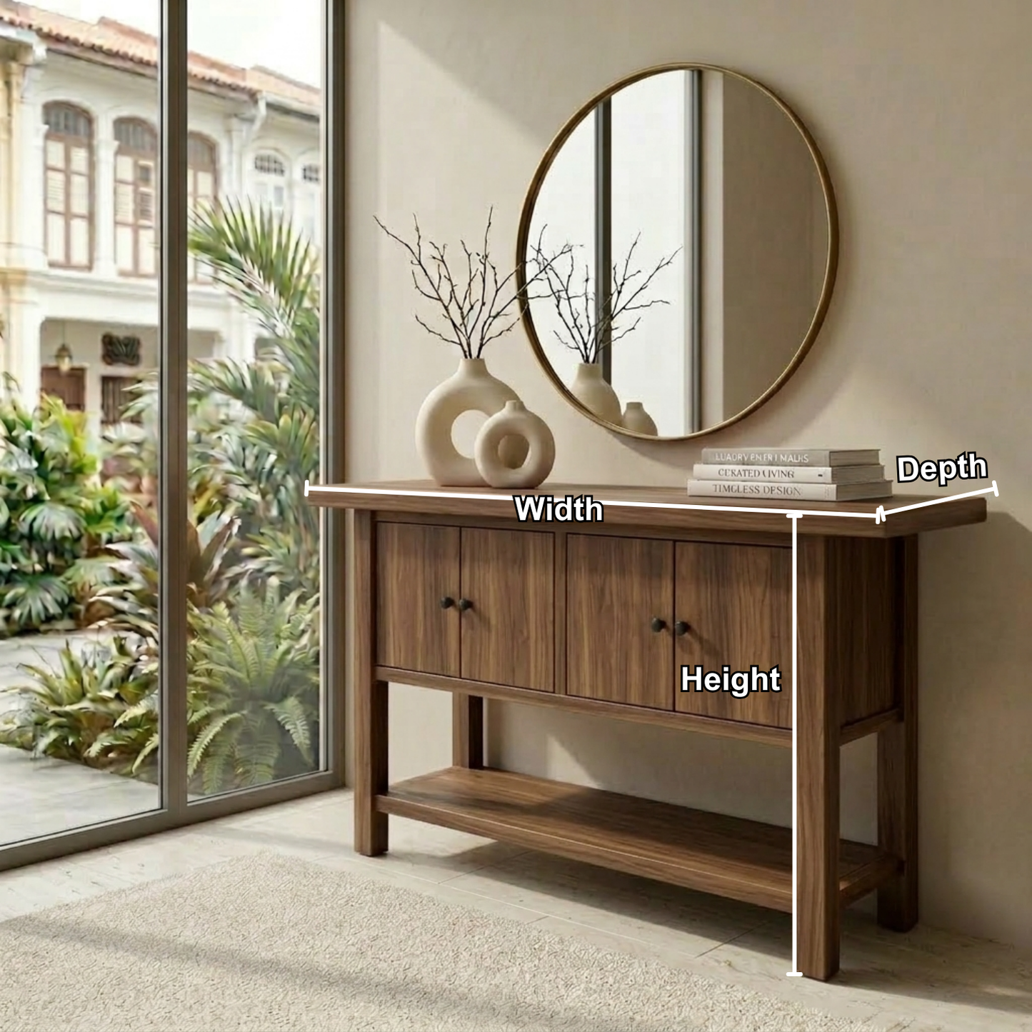 Solid Wood Console Table with Cabinet Doors and Shelf – Rustic Entryway Storage Table