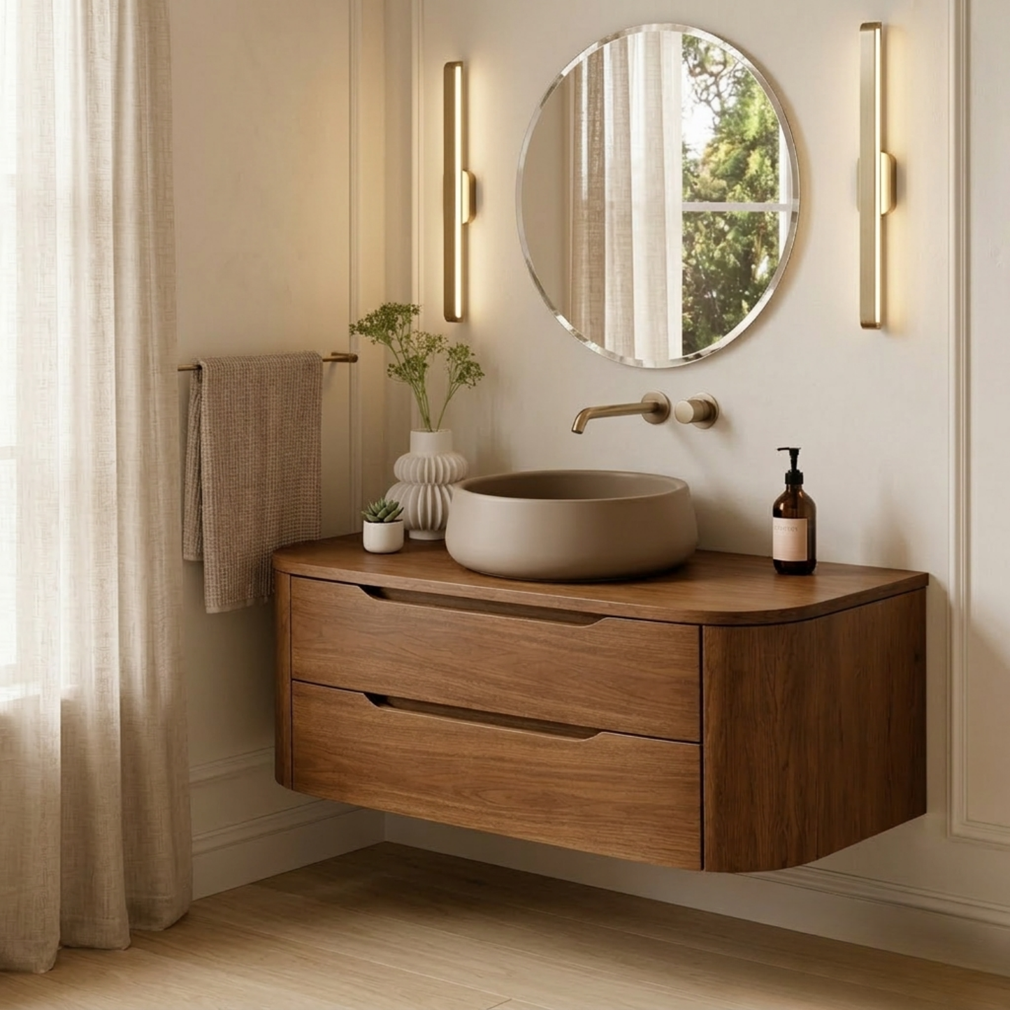 Modern Floating Bathroom Vanity with Curved Edges – Handcrafted Solid Wood Kitchnce