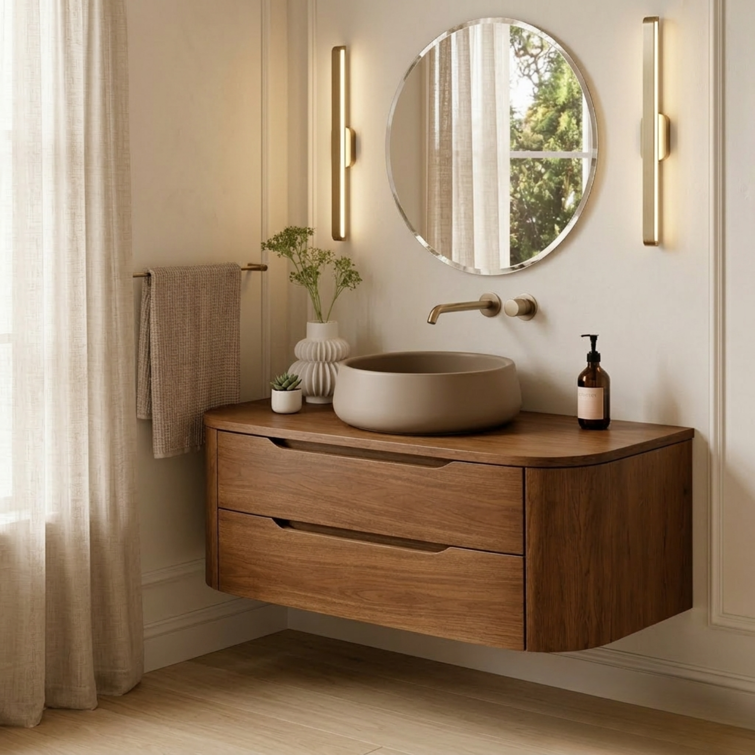 Modern Floating Bathroom Vanity with Curved Edges – Handcrafted Solid Wood Kitchnce