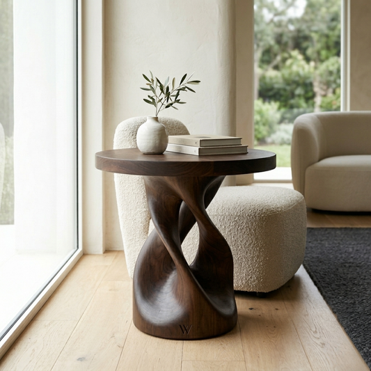 Solid Wood Sculptural Side Table – Modern Round Accent Table with Artistic Base Kitchnce