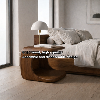 Solid Wood Nightstand with Built-in Pet Bed – Modern Curved Bedside Table for Cats Kitchnce