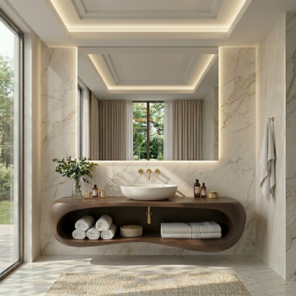 Solid Wood Floating Bathroom Vanity with Curved Open Shelf – Modern Wall Mounted Vanity Kitchnce