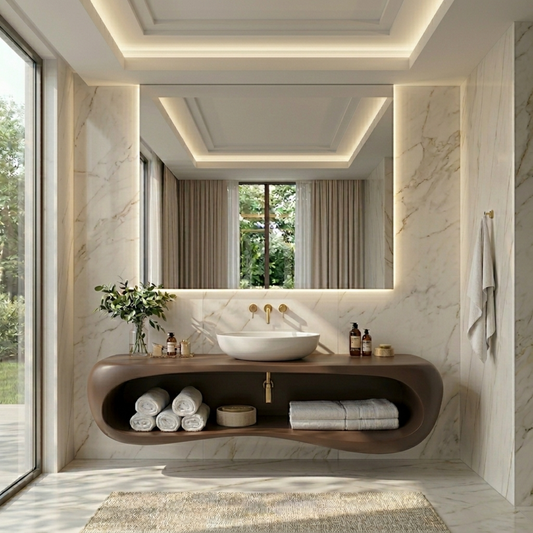 Solid Wood Floating Bathroom Vanity with Curved Open Shelf – Modern Wall Mounted Vanity Kitchnce