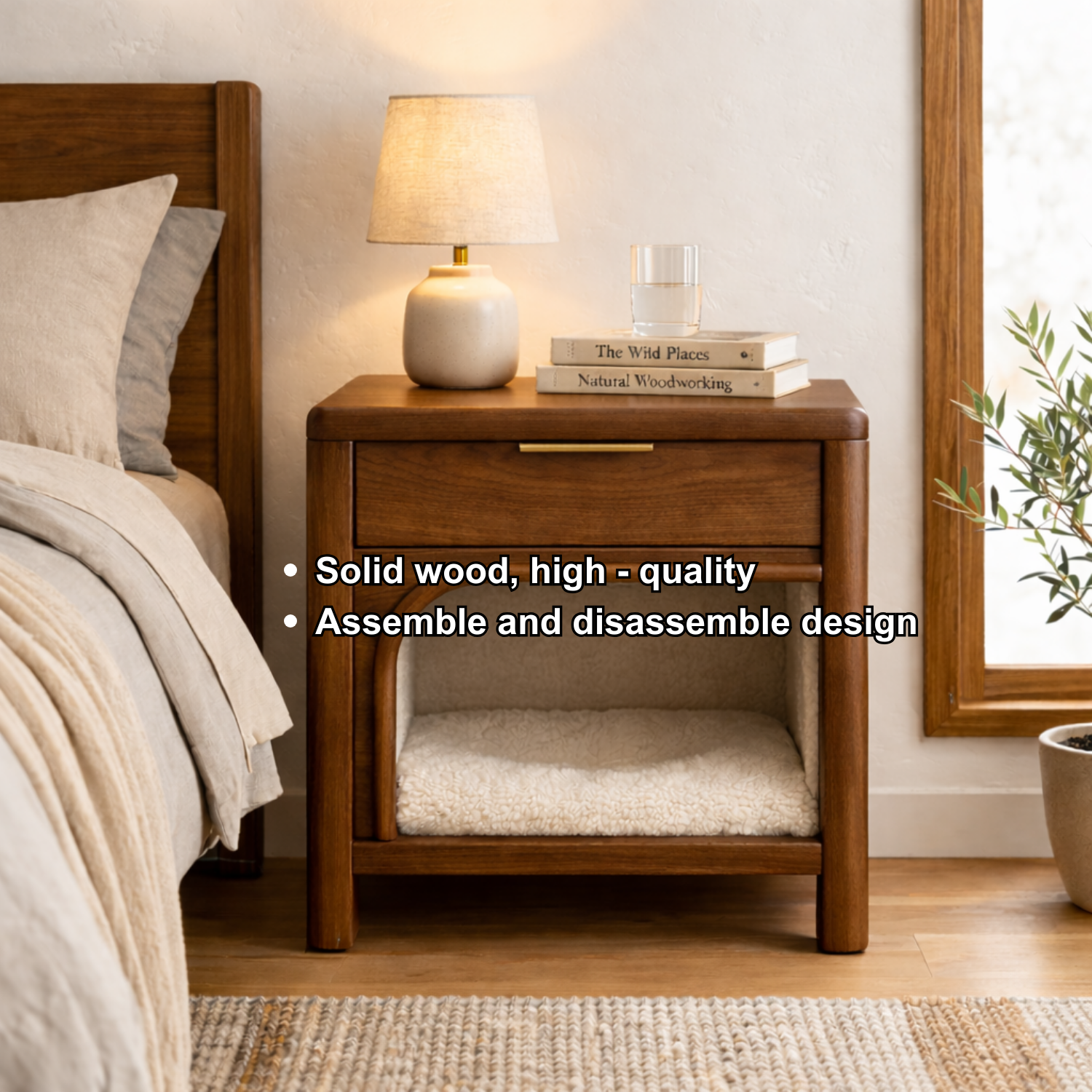 Solid Wood Nightstand with Built-in Cat Bed – Modern Bedside Table with Pet Sleeping Space Kitchnce