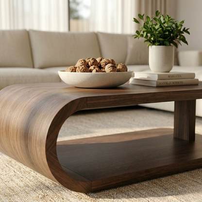 Modern Solid Wood Coffee Table with Curved Base and Storage Shelf for Living Room Kitchnce