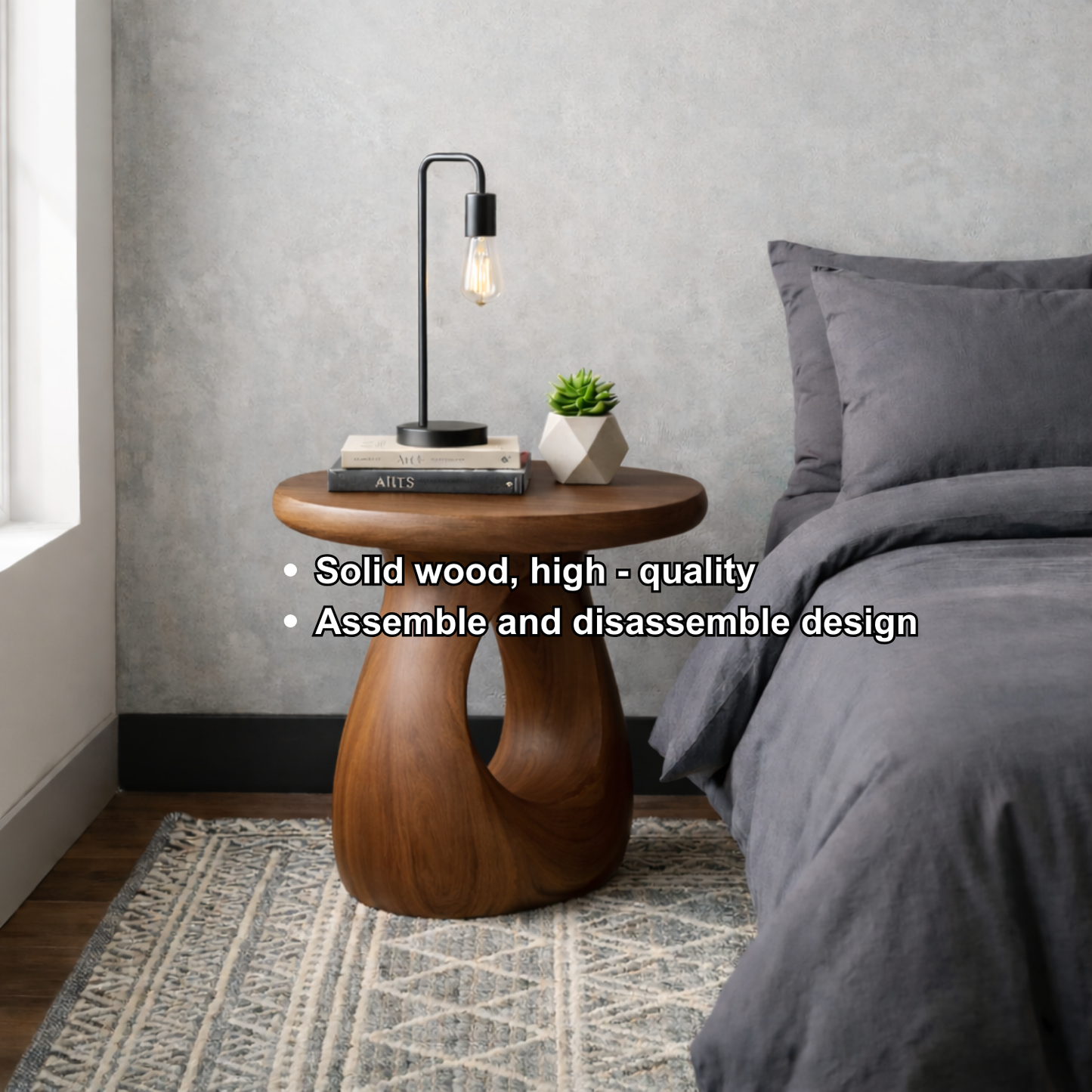 Solid Wood Round Nightstand – Sculptural Modern Bedside Table with Natural Wood Grain Kitchnce