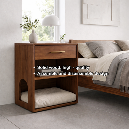 Solid Wood Bedside Table with Cat Sleeping Nook – Modern Nightstand with Drawer & Shelf Kitchnce
