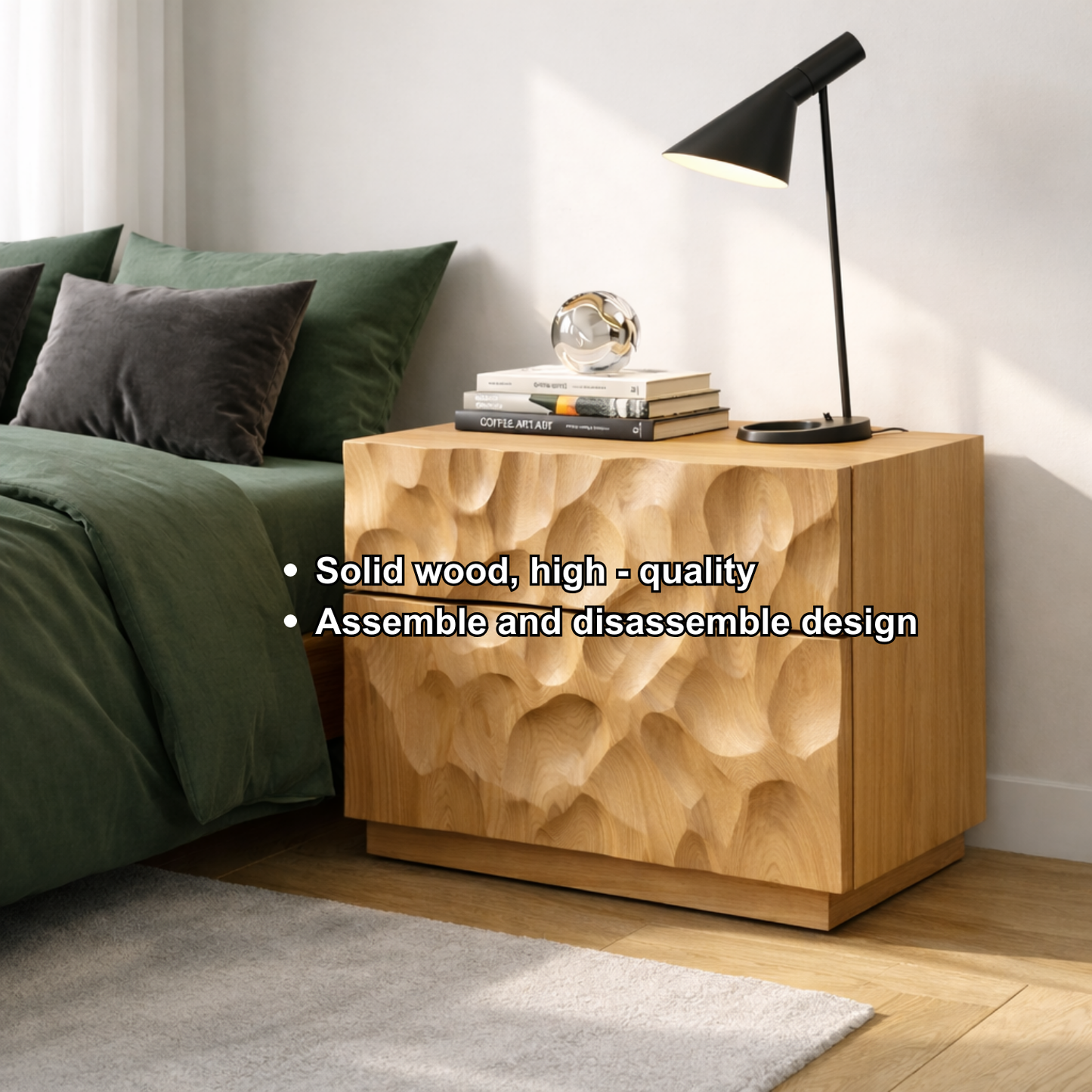 Solid Wood Nightstand with Hand-Carved Drawer Front – Modern Sculptural Bedside Table Kitchnce