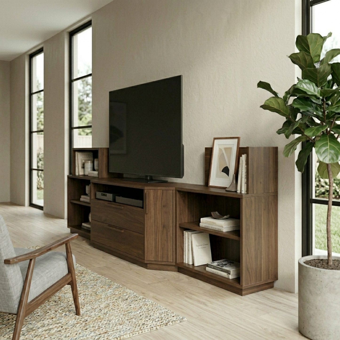 Modern Modular Solid Wood TV Stand with Open Shelves & Storage Cabinet