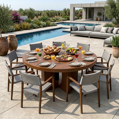 Round Solid Wood Outdoor Dining Table with Sculptural Dual Pedestal Base