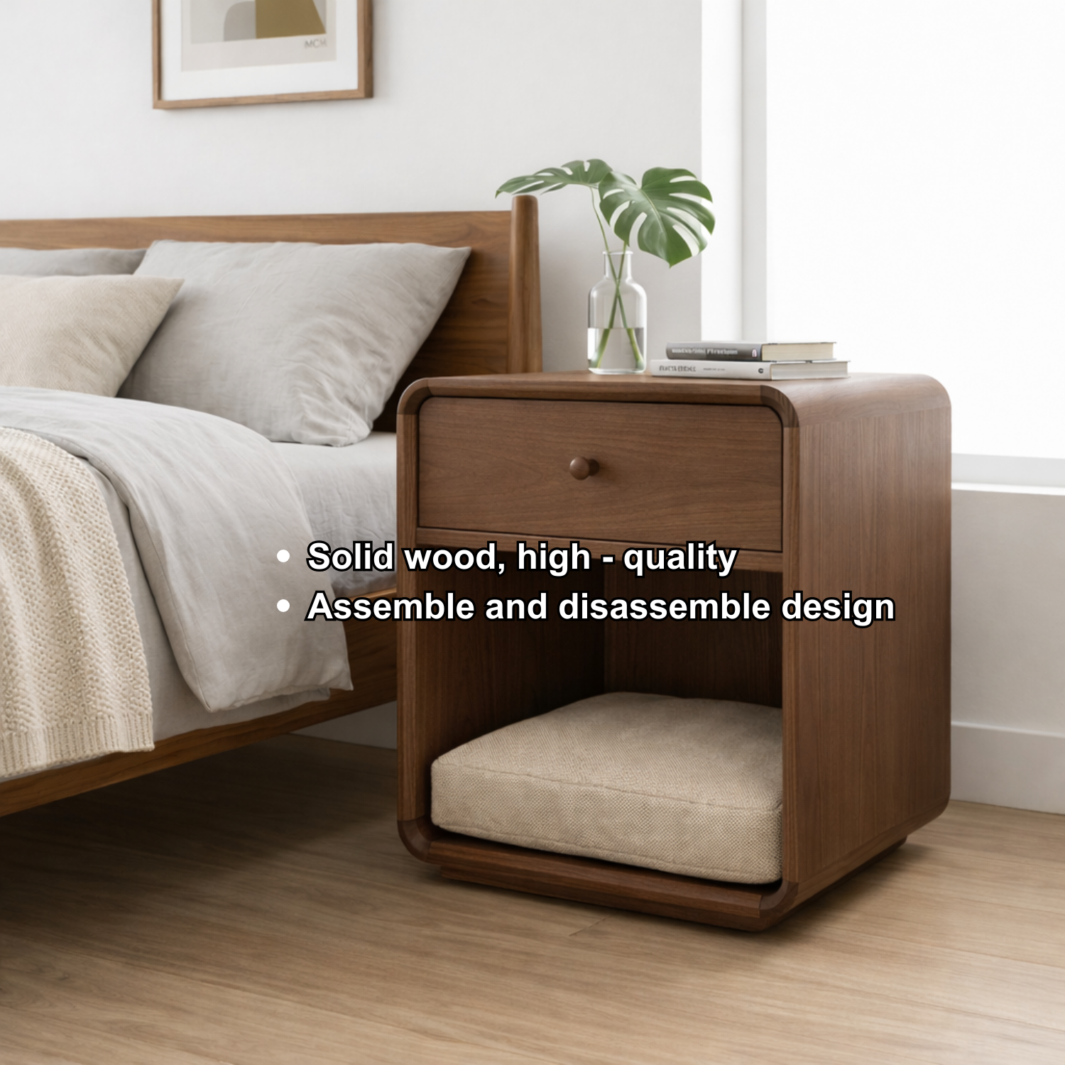 Solid Wood Nightstand with Pet Bed Space – Modern Bedside Table with Drawer Kitchnce