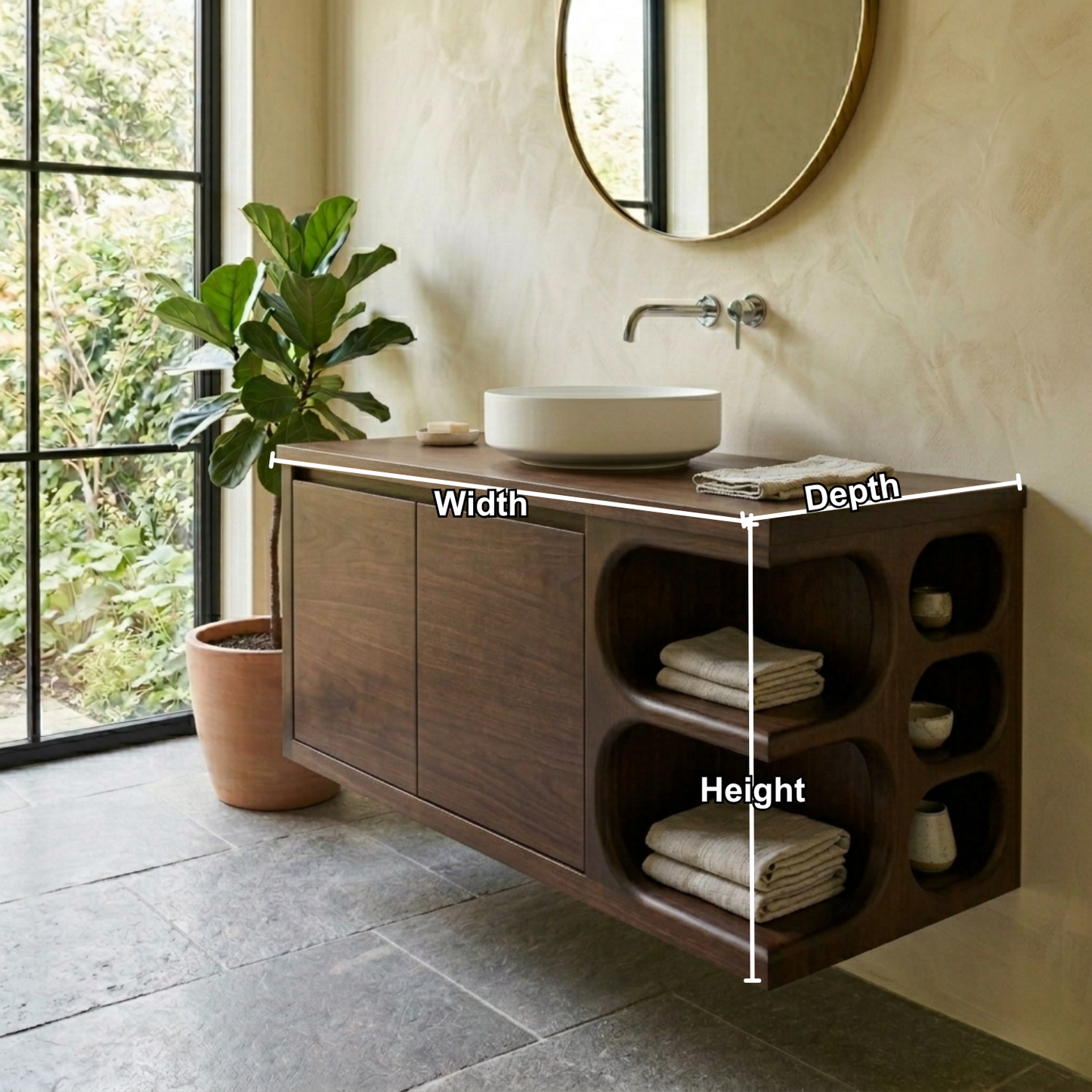 Floating Solid Wood Bathroom Vanity with Cabinet Doors and Sculpted Side Storage