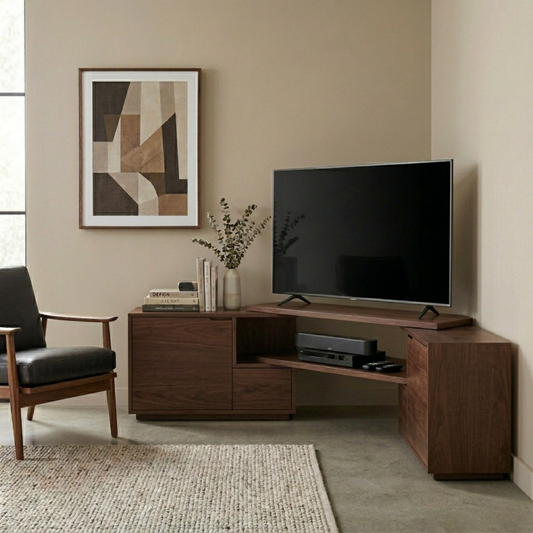 Solid Wood Corner TV Stand with Cabinet Storage and Extended Corner Media Shelf