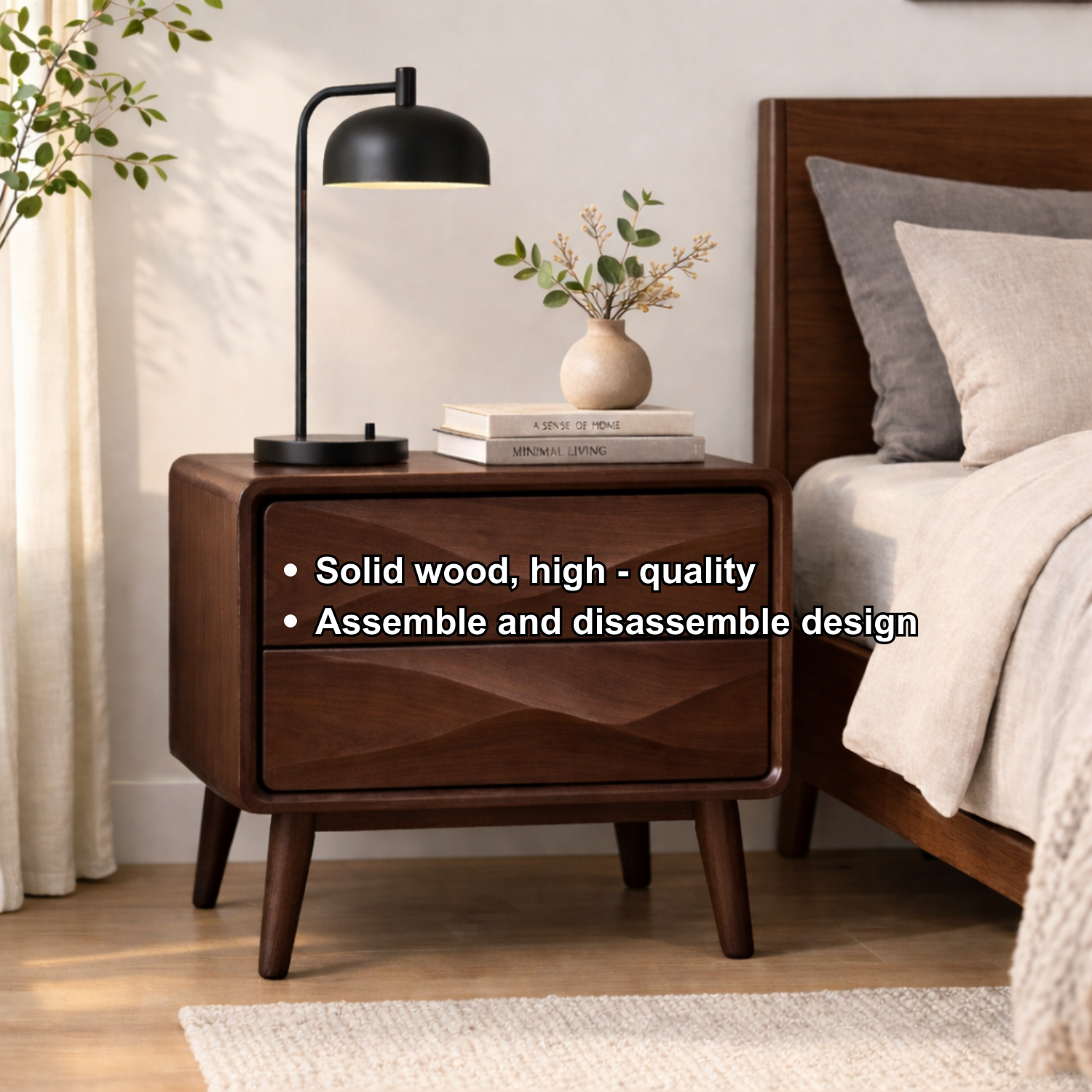Mid-Century Solid Wood Nightstand with Wave Carved Drawers – Modern Bedside Table Kitchnce