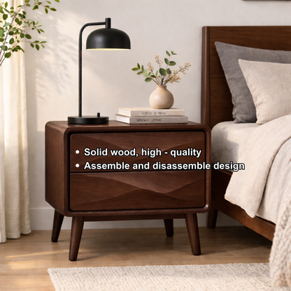 Mid-Century Solid Wood Nightstand with Wave Carved Drawers – Modern Bedside Table Kitchnce